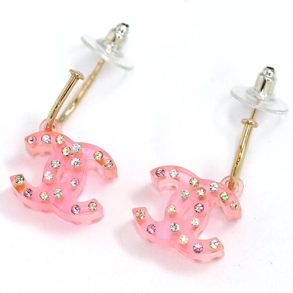 CHANEL CC Logos Rhinestone Pink Lucite Dangle Earrings Gold Tone 94A Auth w/Box - Picture 1 of 6